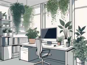 A clean and fresh office environment with various types of indoor plants and open windows allowing natural light and fresh air in