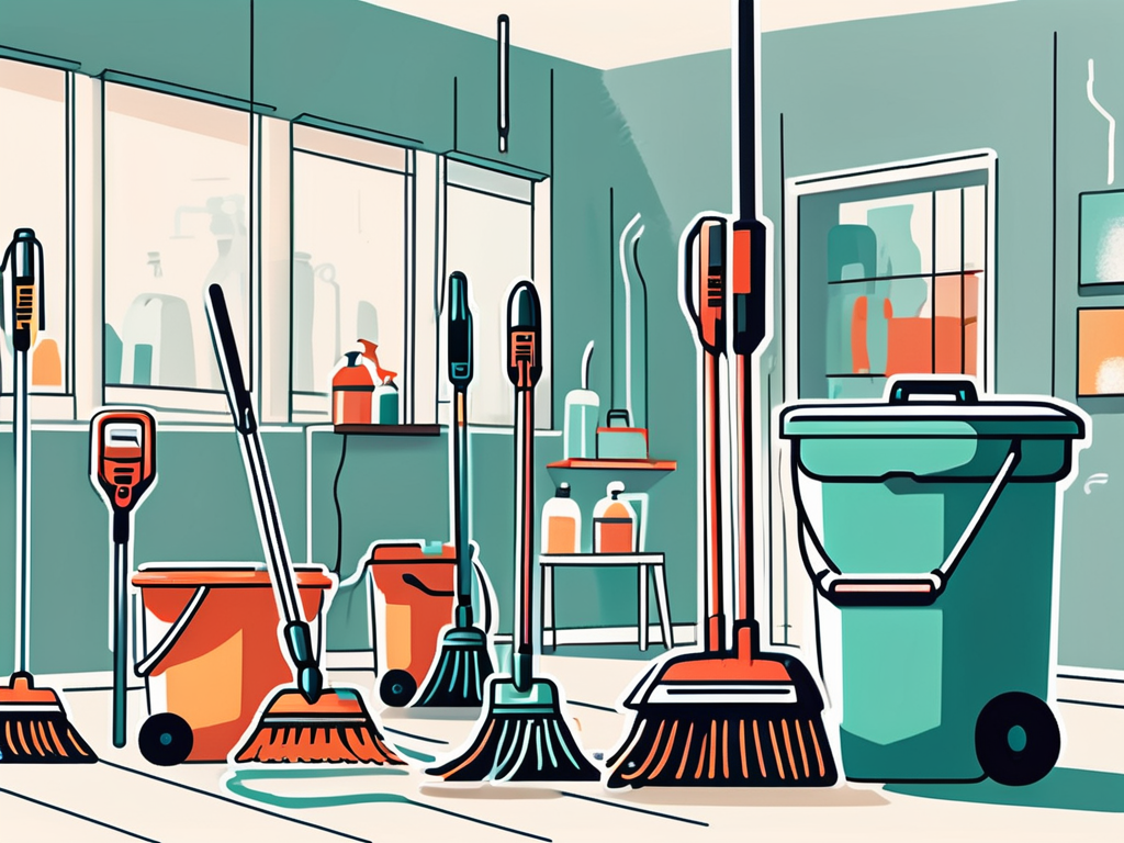 A variety of cleaning equipment like mops