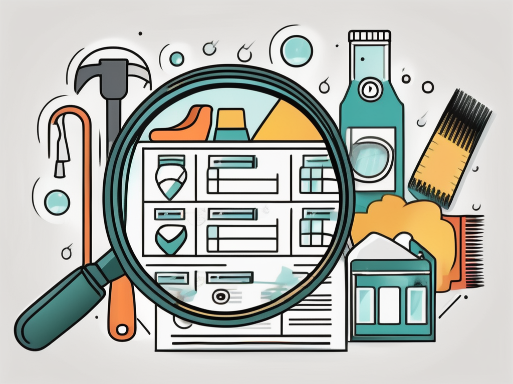 A magnifying glass over a checklist with symbols of cleaning tools and price tags