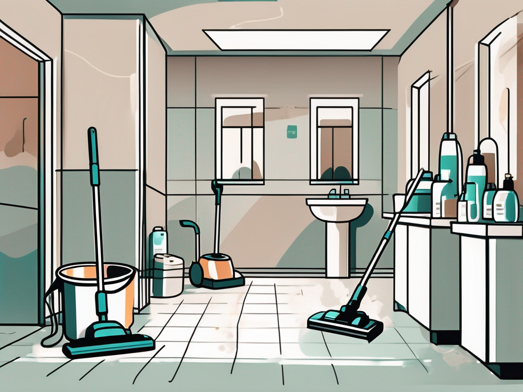 A nursing home setting with cleaning tools such as a mop