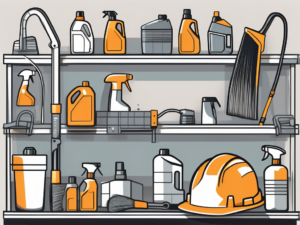 A construction and maintenance site with various cleaning tools and safety equipment neatly organized