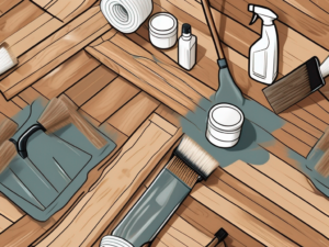 Various wooden floor types with different cleaning tools and maintenance products placed nearby