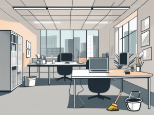 A clean and organized office space with various cleaning tools like a mop