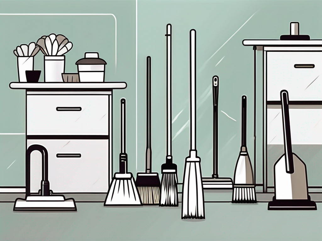 Various cleaning tools like a broom