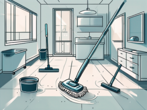 A sparkling clean room with various cleaning tools like a mop