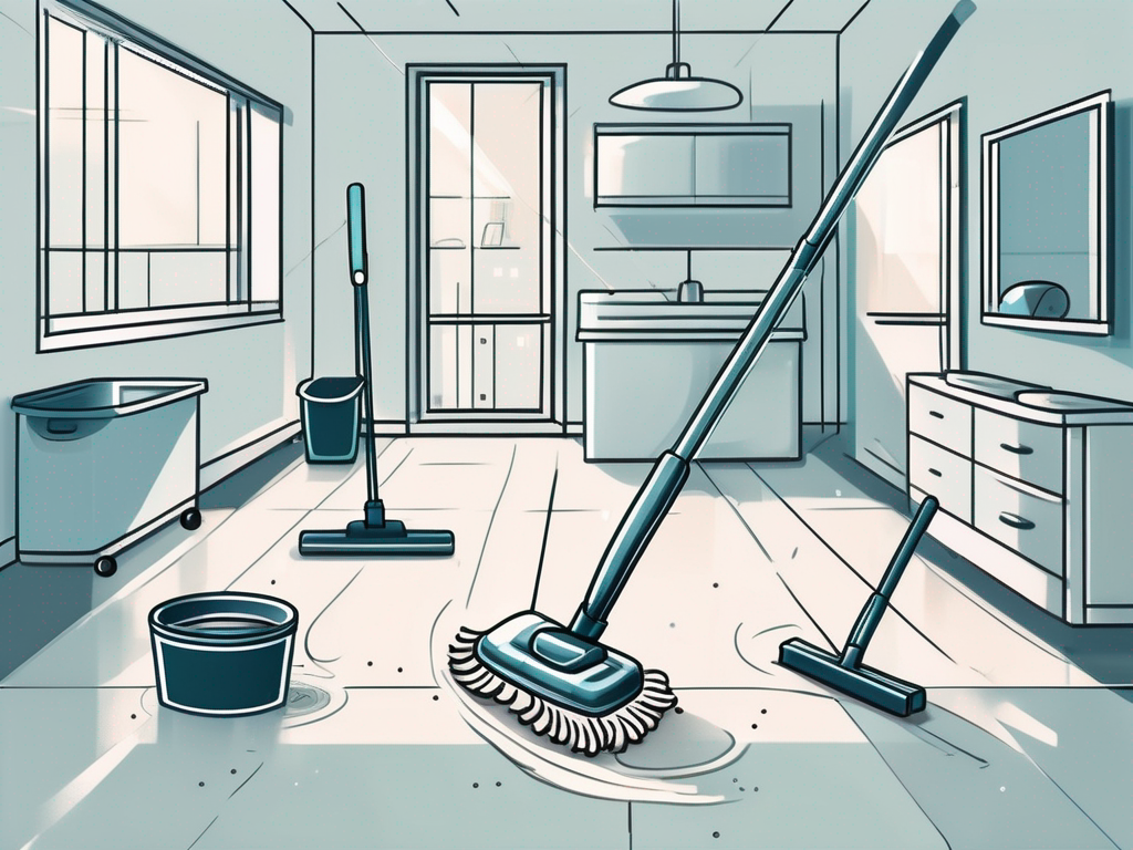 A sparkling clean room with various cleaning tools like a mop